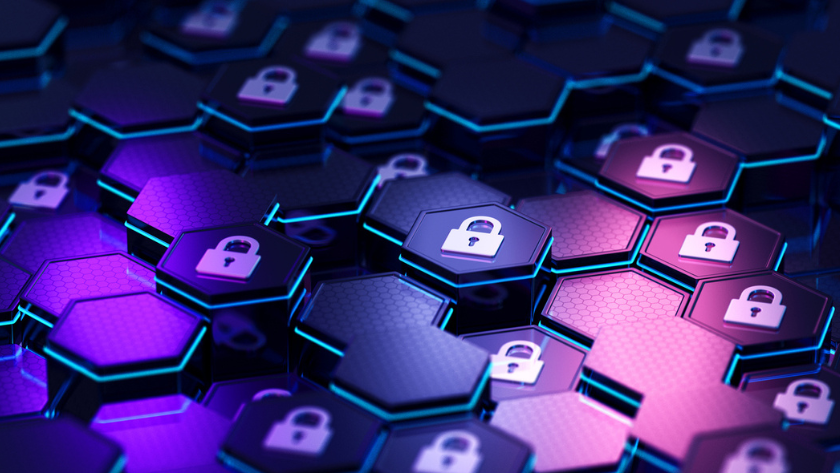 Several padlocks on a purple and light pink background, a graphic concept of cybersecurity.